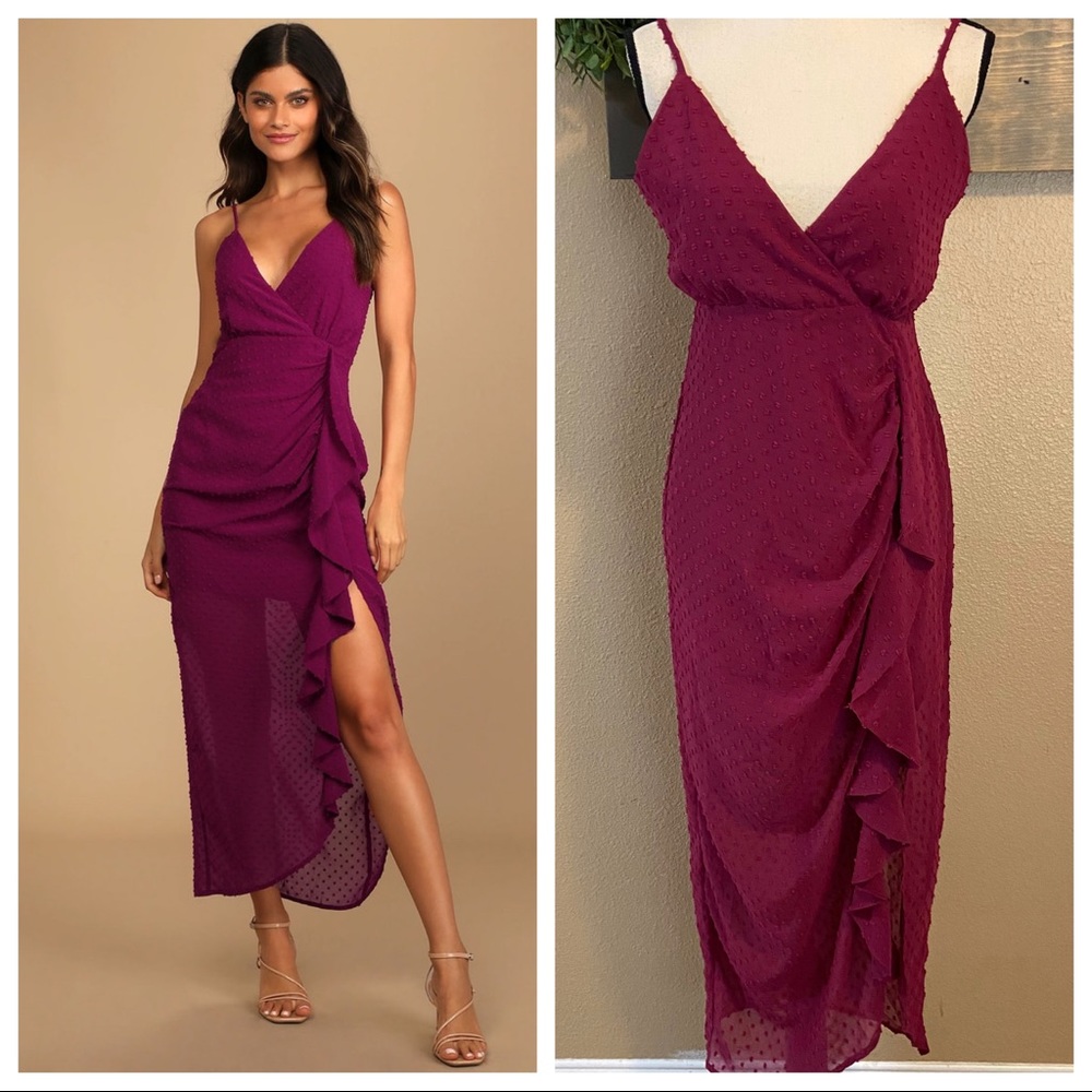 Lulus For Us to Dance Magenta Swiss Dot Ruffled Midi Dress